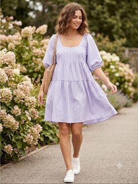 Nasty Gal Lilac Gingham Puff Sleeve Tiered Smock Mini Dress NWT